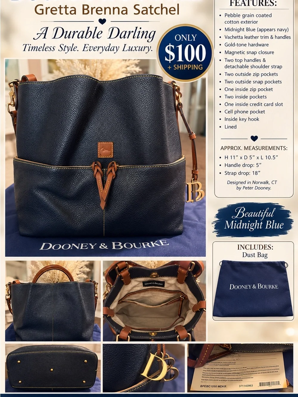 Dooney & Bourke Midnight Blue Pebble Satchel with Tan Trim